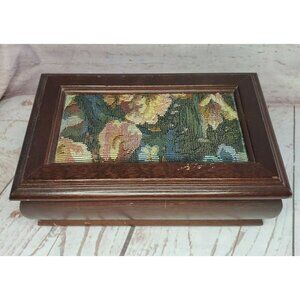 Vintage Brocade Fabric Velvet Lining Mirror 2 Tier Wooden Ring & Jewelry Box